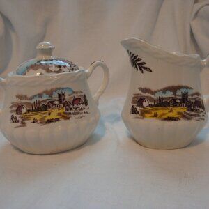 W H Grindley Staffordshire Sunday Morning Sugar & Creamer EUC